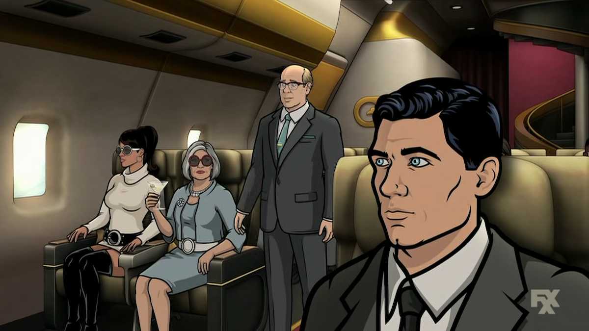 Archer, Mallory, Lana, and her husband aboard a private jet.