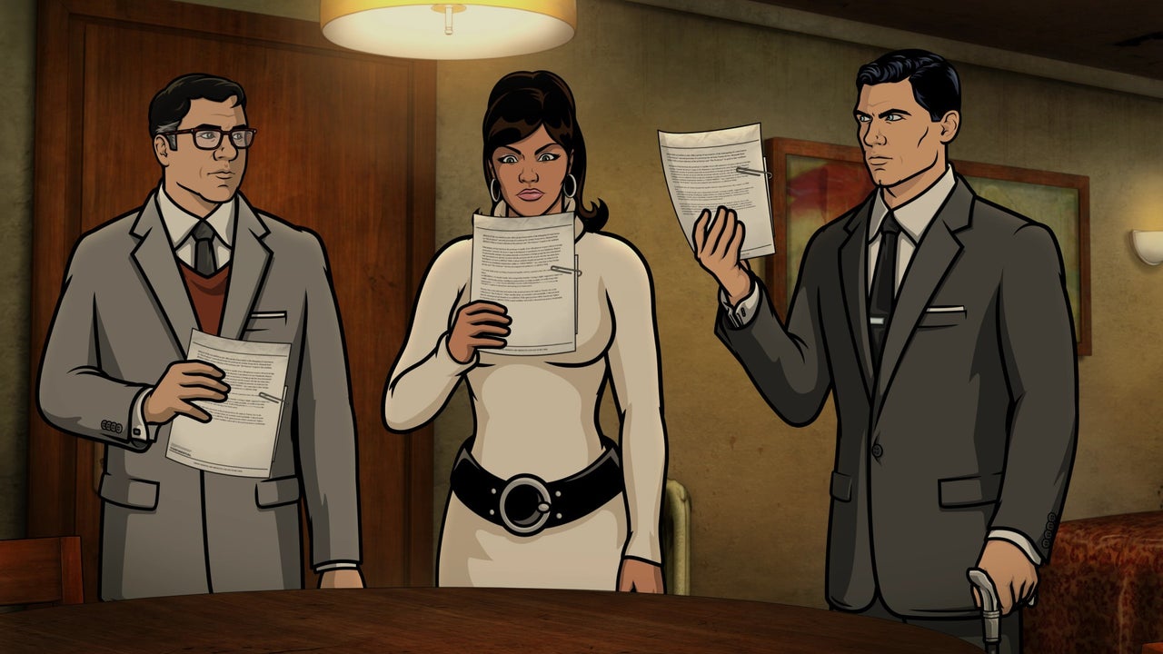 Cyril, Lana, and Archer showing disdain at a mission dossier in the first episode of the season 12 premiere