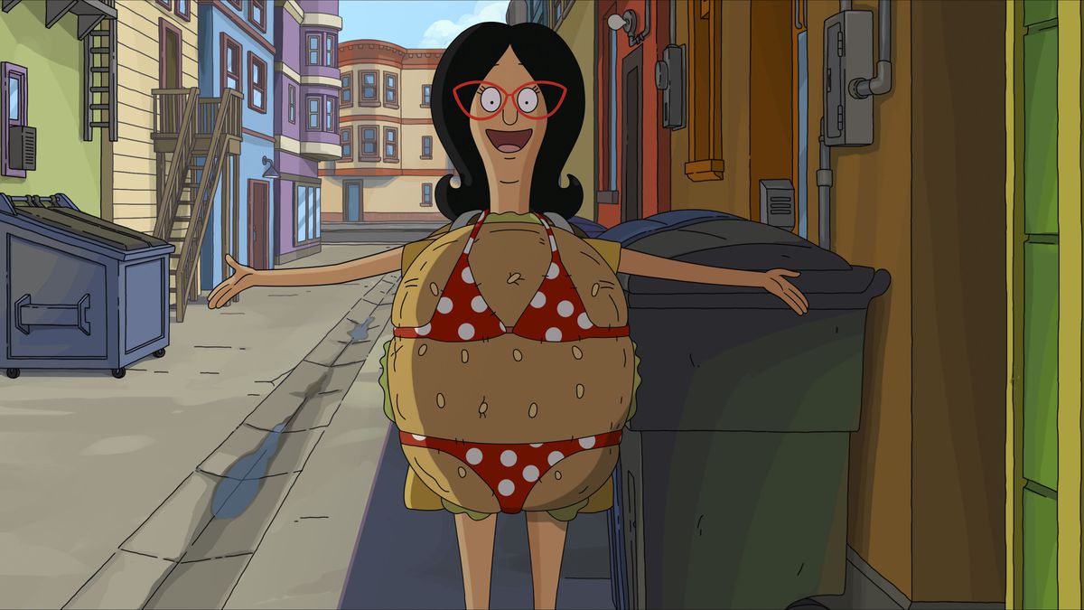 Linda dresses the burger outfit in a bikini to drum up business in The Bob's Burgers Movie